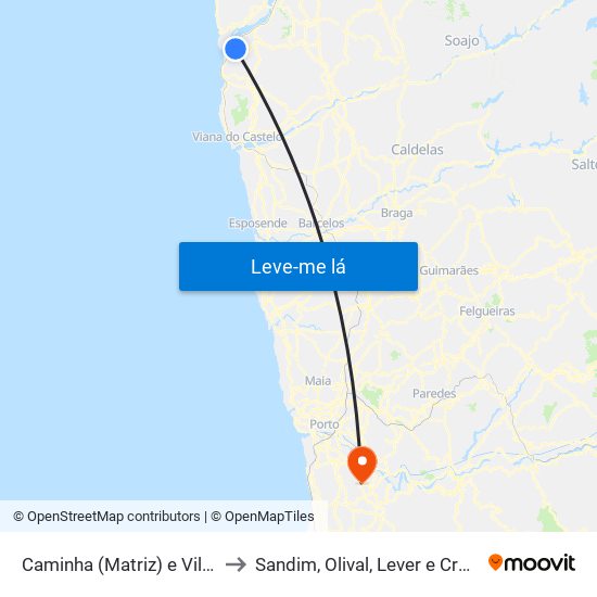 Caminha (Matriz) e Vilarelho to Sandim, Olival, Lever e Crestuma map