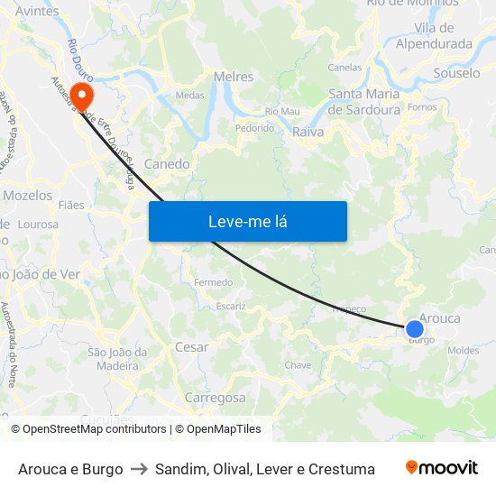 Arouca e Burgo to Sandim, Olival, Lever e Crestuma map