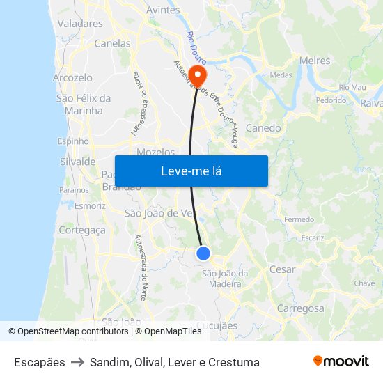 Escapães to Sandim, Olival, Lever e Crestuma map