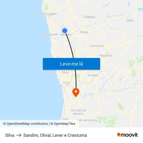 Silva to Sandim, Olival, Lever e Crestuma map