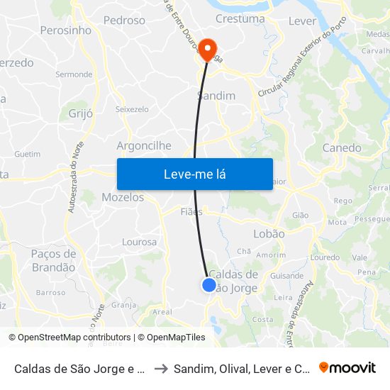 Caldas de São Jorge e Pigeiros to Sandim, Olival, Lever e Crestuma map