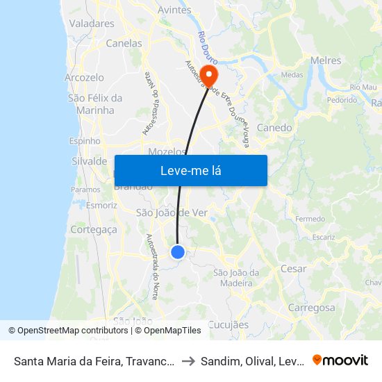 Santa Maria da Feira, Travanca, Sanfins e Espargo to Sandim, Olival, Lever e Crestuma map