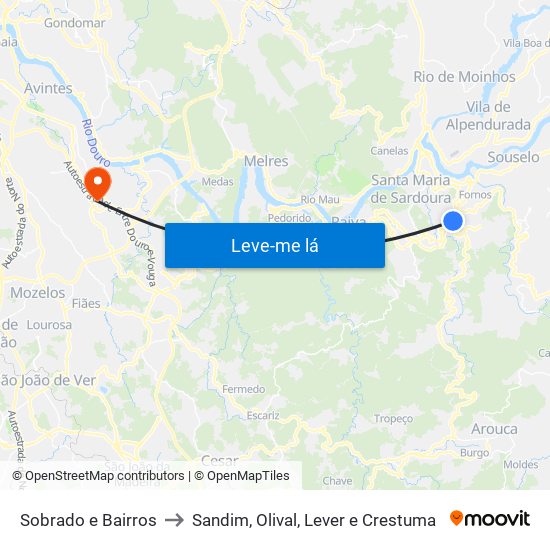 Sobrado e Bairros to Sandim, Olival, Lever e Crestuma map