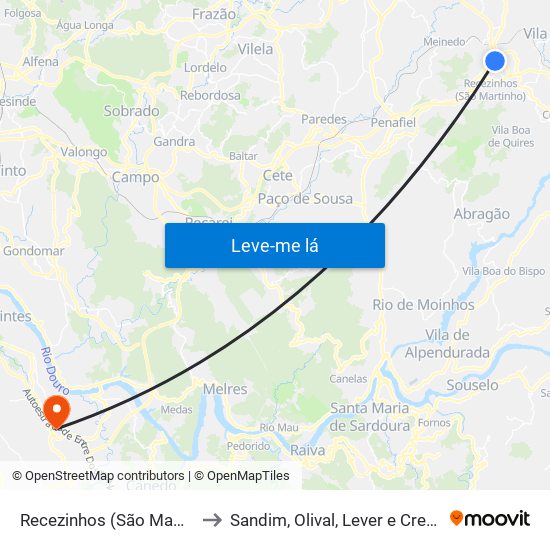 Recezinhos (São Mamede) to Sandim, Olival, Lever e Crestuma map