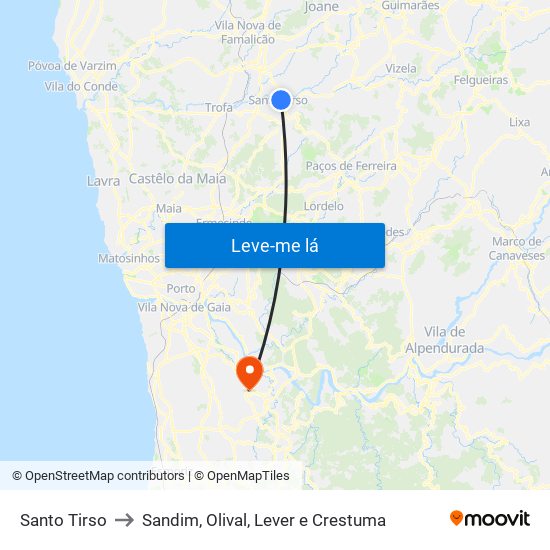 Santo Tirso to Sandim, Olival, Lever e Crestuma map