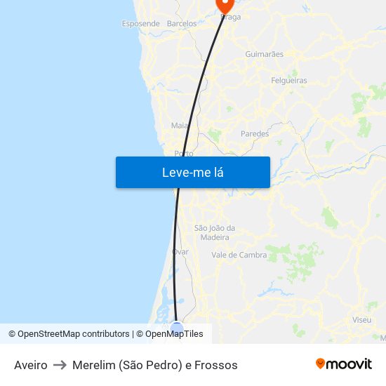 Aveiro to Merelim (São Pedro) e Frossos map