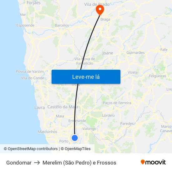 Gondomar to Merelim (São Pedro) e Frossos map