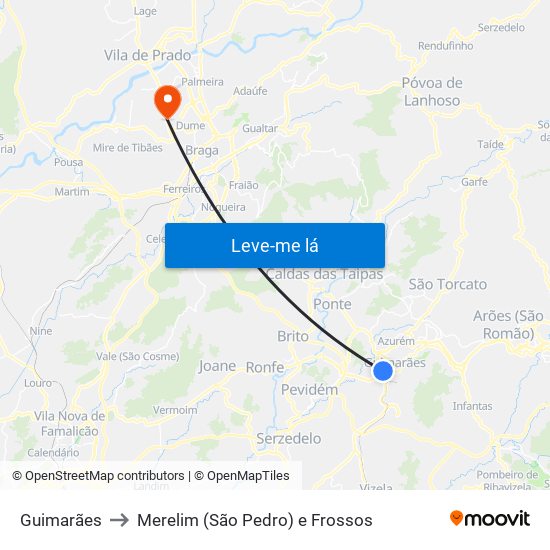 Guimarães to Merelim (São Pedro) e Frossos map