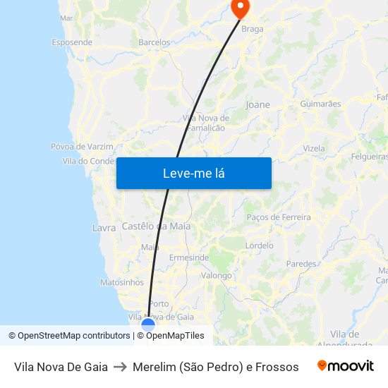 Vila Nova De Gaia to Merelim (São Pedro) e Frossos map