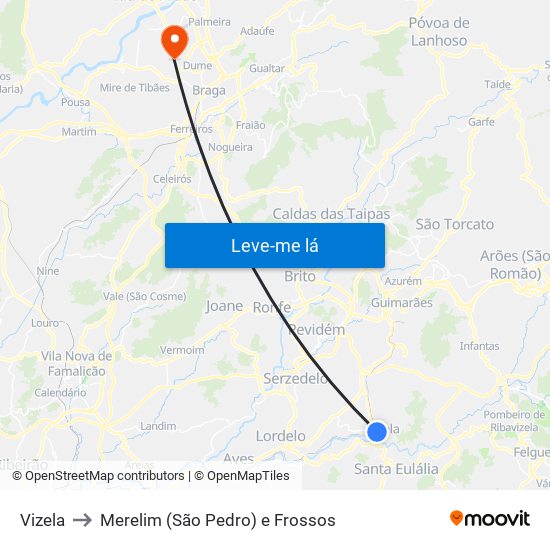 Vizela to Merelim (São Pedro) e Frossos map