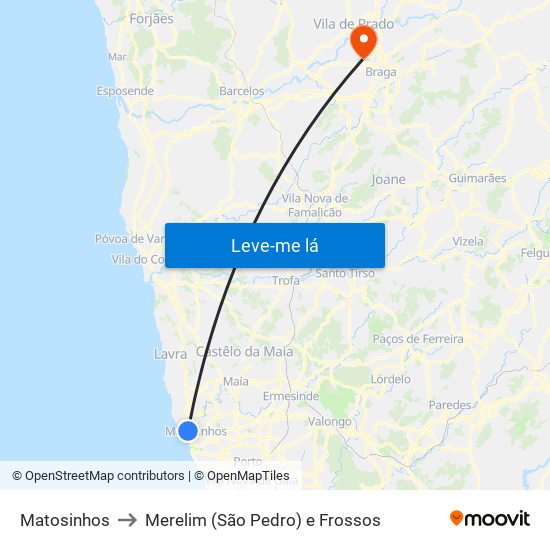 Matosinhos to Merelim (São Pedro) e Frossos map