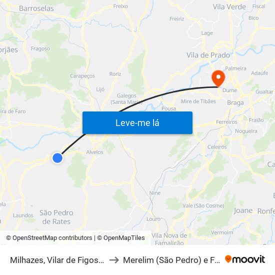 Milhazes, Vilar de Figos e Faria to Merelim (São Pedro) e Frossos map
