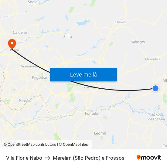 Vila Flor e Nabo to Merelim (São Pedro) e Frossos map