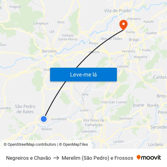 Negreiros e Chavão to Merelim (São Pedro) e Frossos map