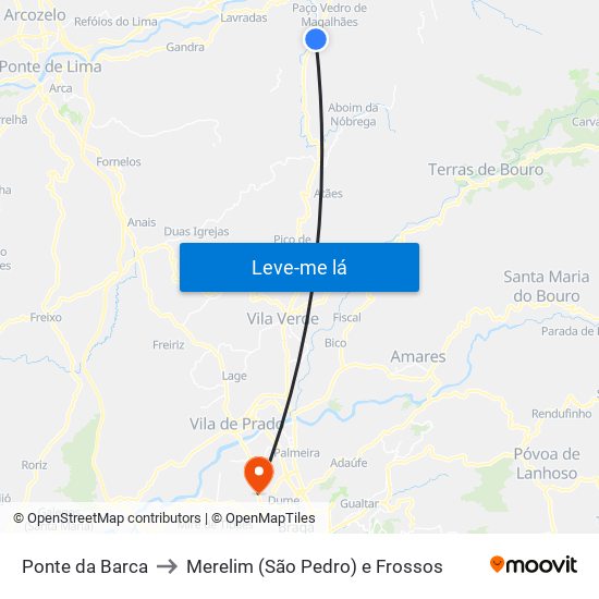 Ponte da Barca to Merelim (São Pedro) e Frossos map