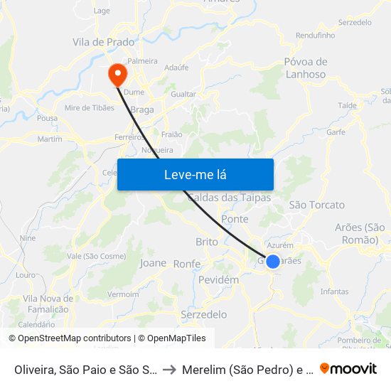 Oliveira, São Paio e São Sebastião to Merelim (São Pedro) e Frossos map