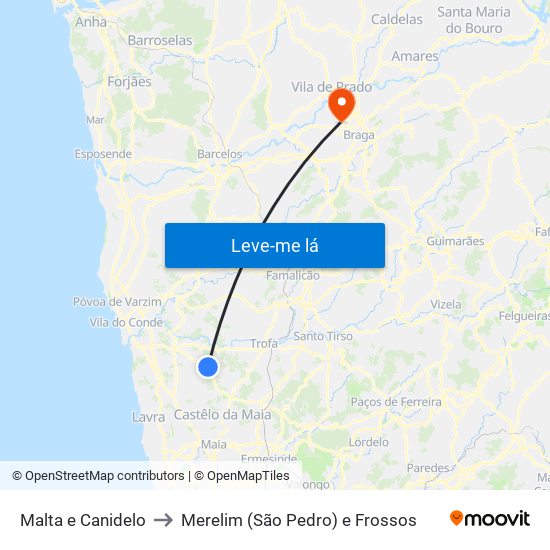 Malta e Canidelo to Merelim (São Pedro) e Frossos map