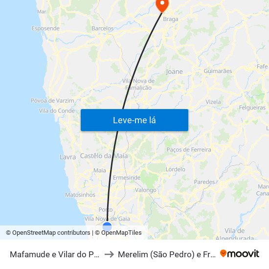 Mafamude e Vilar do Paraíso to Merelim (São Pedro) e Frossos map