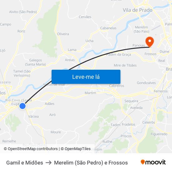 Gamil e Midões to Merelim (São Pedro) e Frossos map