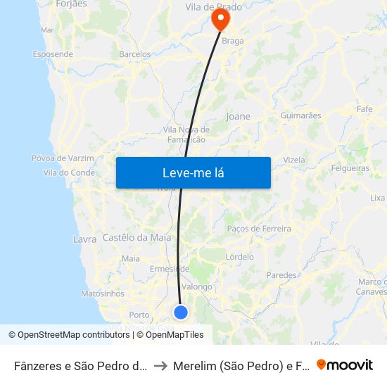 Fânzeres e São Pedro da Cova to Merelim (São Pedro) e Frossos map