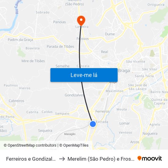 Ferreiros e Gondizalves to Merelim (São Pedro) e Frossos map