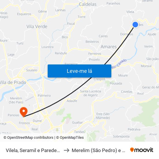 Vilela, Seramil e Paredes Secas to Merelim (São Pedro) e Frossos map