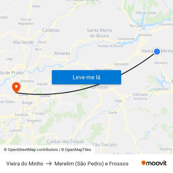 Vieira do Minho to Merelim (São Pedro) e Frossos map