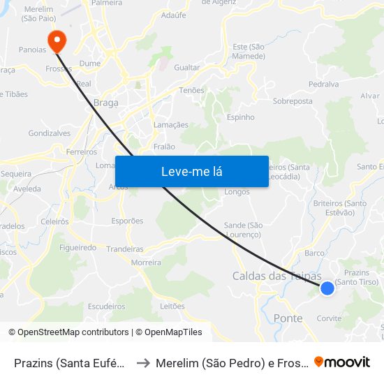 Prazins (Santa Eufémia) to Merelim (São Pedro) e Frossos map