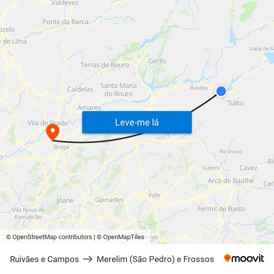 Ruivães e Campos to Merelim (São Pedro) e Frossos map