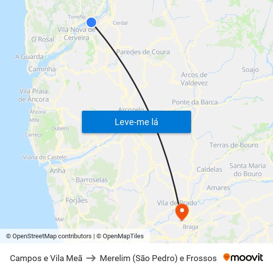 Campos e Vila Meã to Merelim (São Pedro) e Frossos map