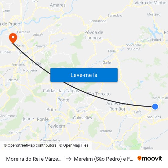 Moreira do Rei e Várzea Cova to Merelim (São Pedro) e Frossos map