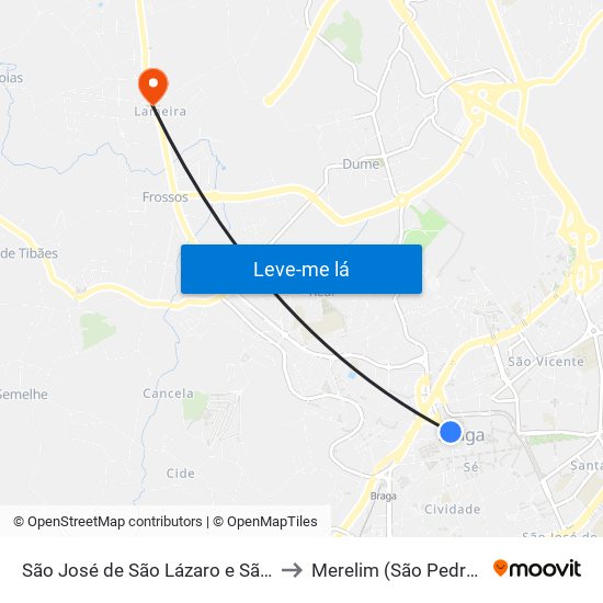 São José de São Lázaro e São João do Souto to Merelim (São Pedro) e Frossos map