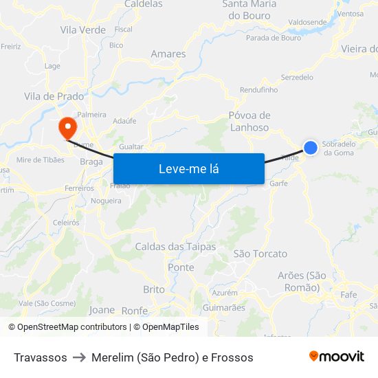 Travassos to Merelim (São Pedro) e Frossos map