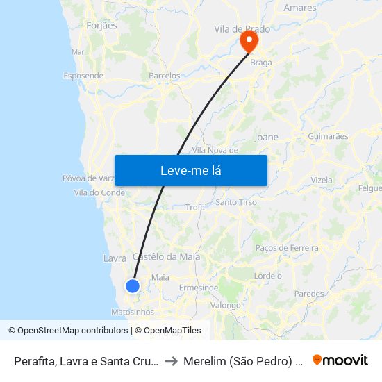 Perafita, Lavra e Santa Cruz do Bispo to Merelim (São Pedro) e Frossos map