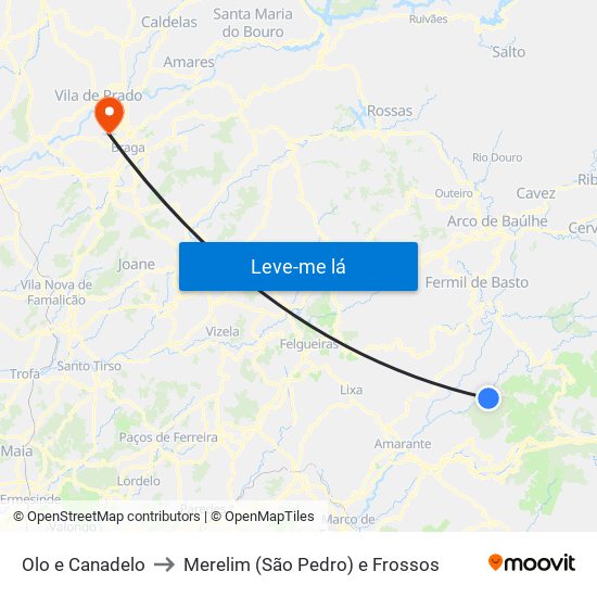 Olo e Canadelo to Merelim (São Pedro) e Frossos map