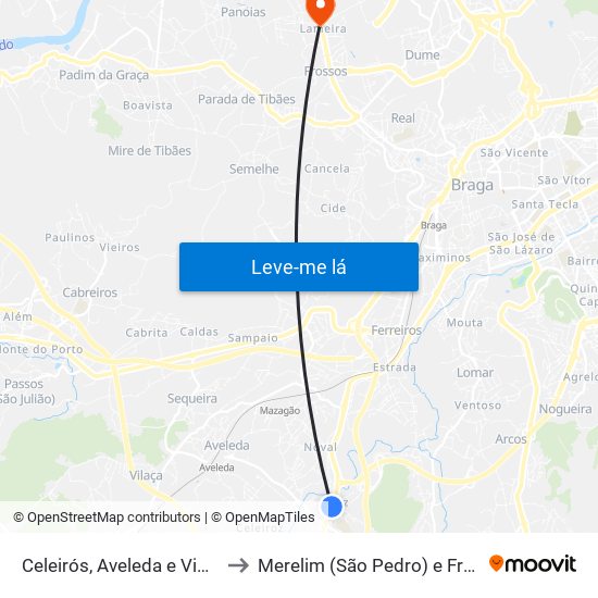 Celeirós, Aveleda e Vimieiro to Merelim (São Pedro) e Frossos map