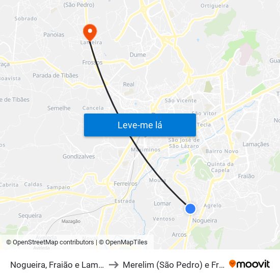 Nogueira, Fraião e Lamaçães to Merelim (São Pedro) e Frossos map