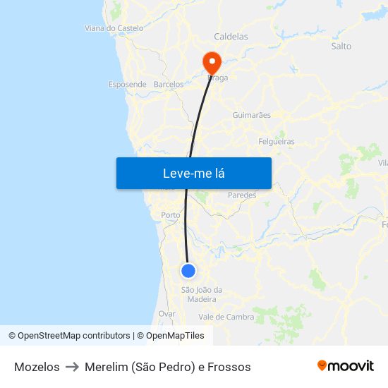 Mozelos to Merelim (São Pedro) e Frossos map