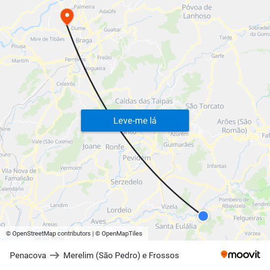 Penacova to Merelim (São Pedro) e Frossos map