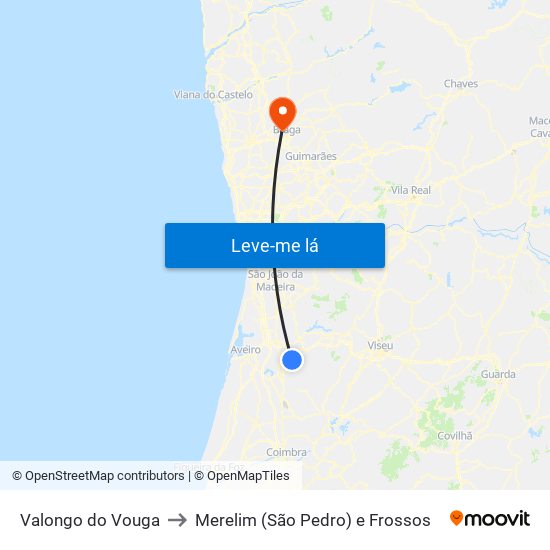 Valongo do Vouga to Merelim (São Pedro) e Frossos map