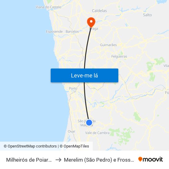Milheirós de Poiares to Merelim (São Pedro) e Frossos map