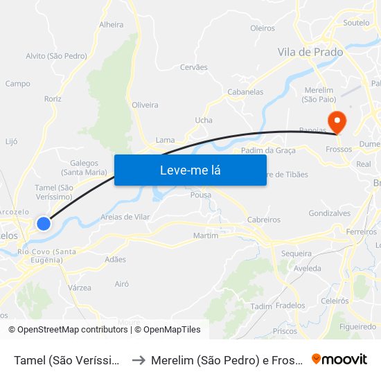 Tamel (São Veríssimo) to Merelim (São Pedro) e Frossos map