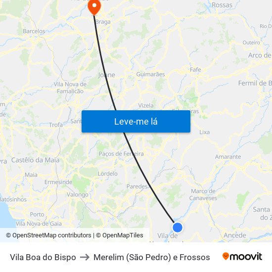 Vila Boa do Bispo to Merelim (São Pedro) e Frossos map