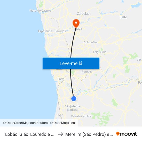 Lobão, Gião, Louredo e Guisande to Merelim (São Pedro) e Frossos map