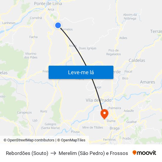 Rebordões (Souto) to Merelim (São Pedro) e Frossos map