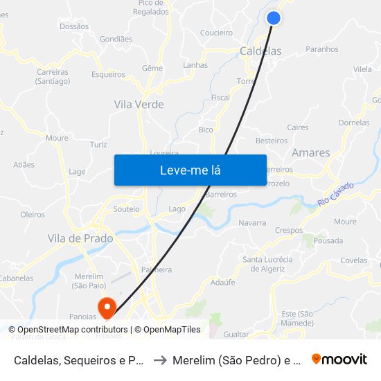 Caldelas, Sequeiros e Paranhos to Merelim (São Pedro) e Frossos map