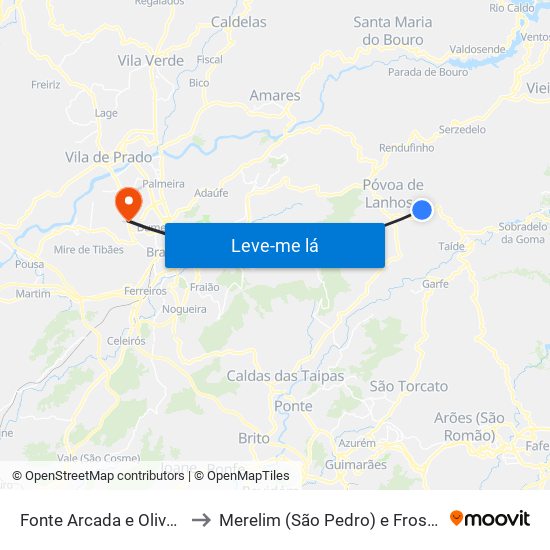 Fonte Arcada e Oliveira to Merelim (São Pedro) e Frossos map