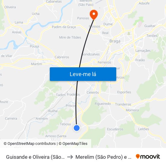 Guisande e Oliveira (São Pedro) to Merelim (São Pedro) e Frossos map