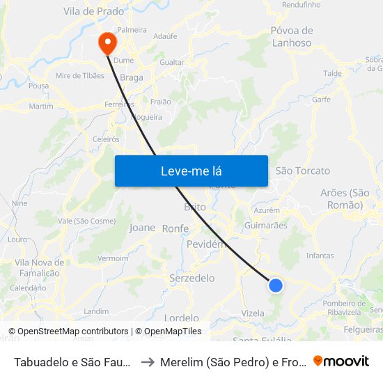 Tabuadelo e São Faustino to Merelim (São Pedro) e Frossos map