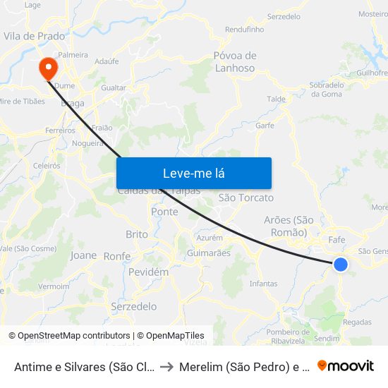 Antime e Silvares (São Clemente) to Merelim (São Pedro) e Frossos map